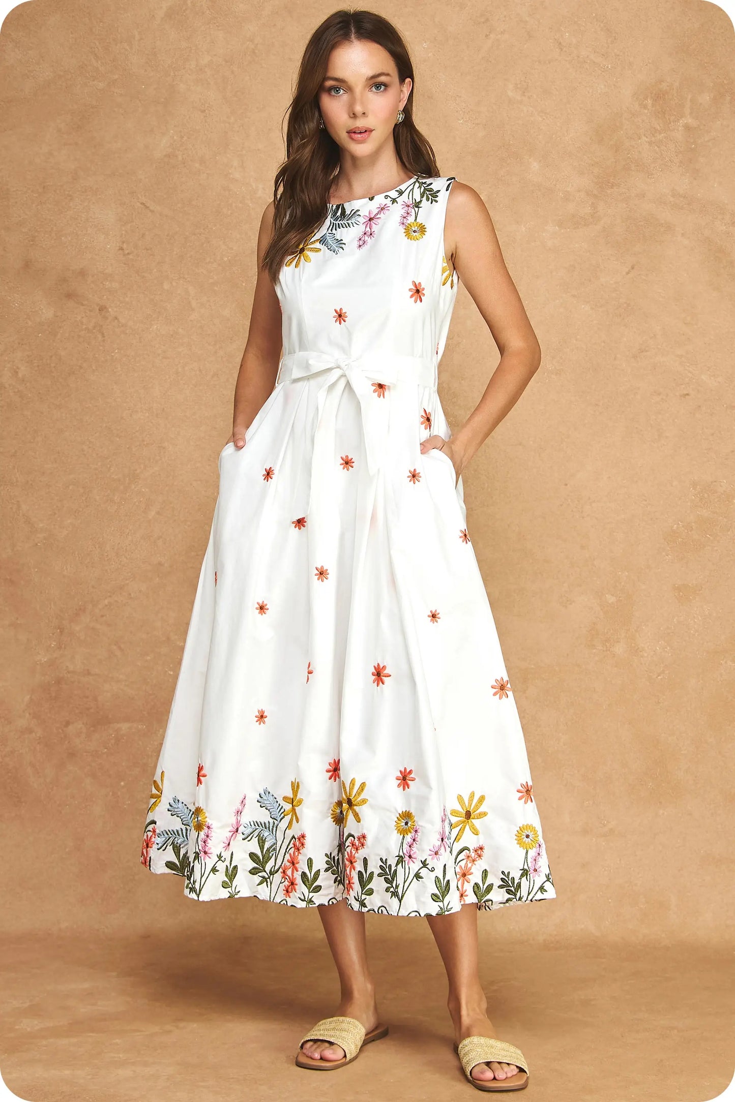 Floral Embroidered Sleeveless Midi Dress