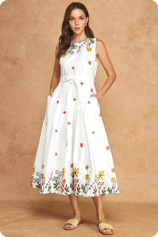 Floral Embroidered Sleeveless Midi Dress