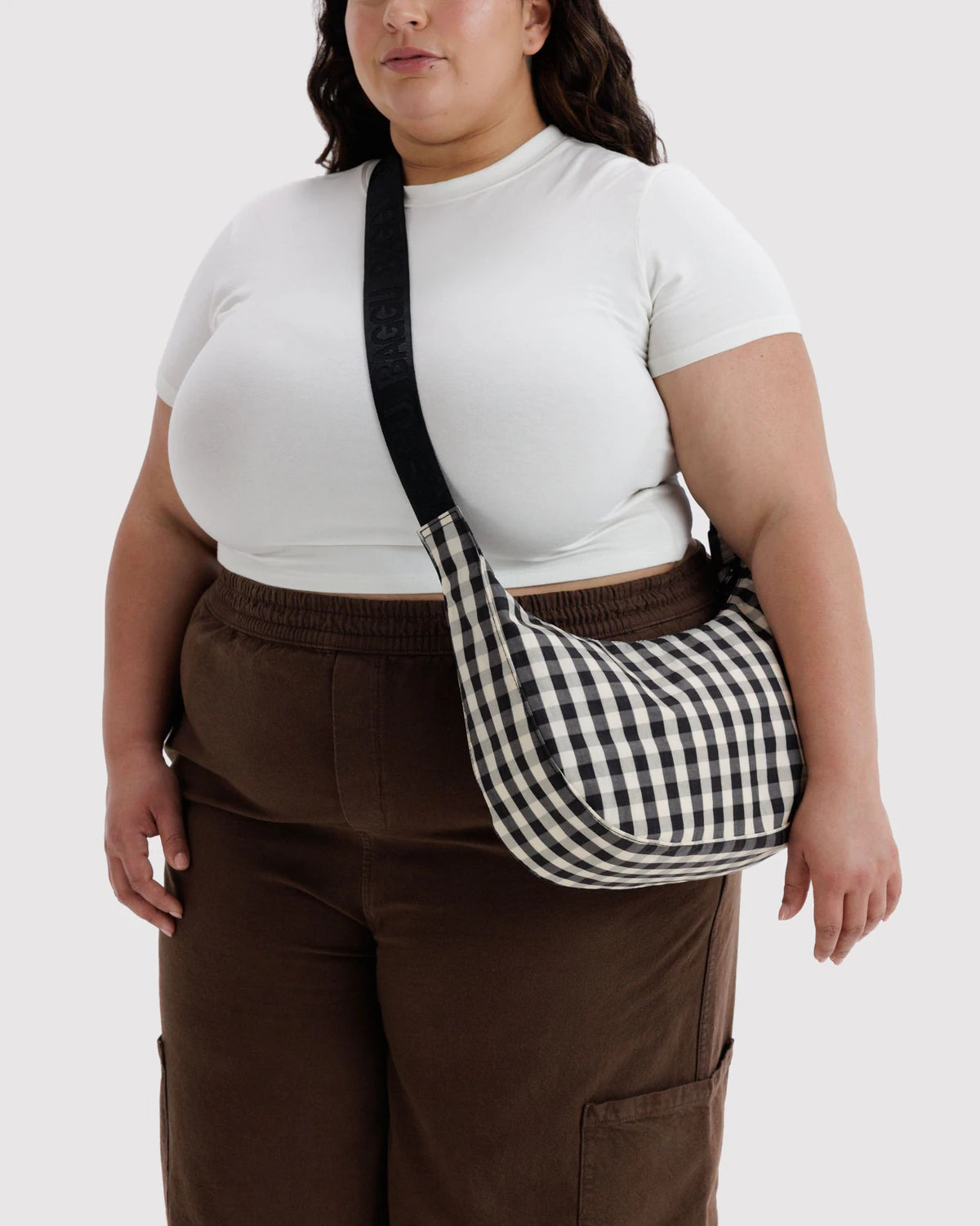 Black and Cream Gingham Medium Crescent Baggu