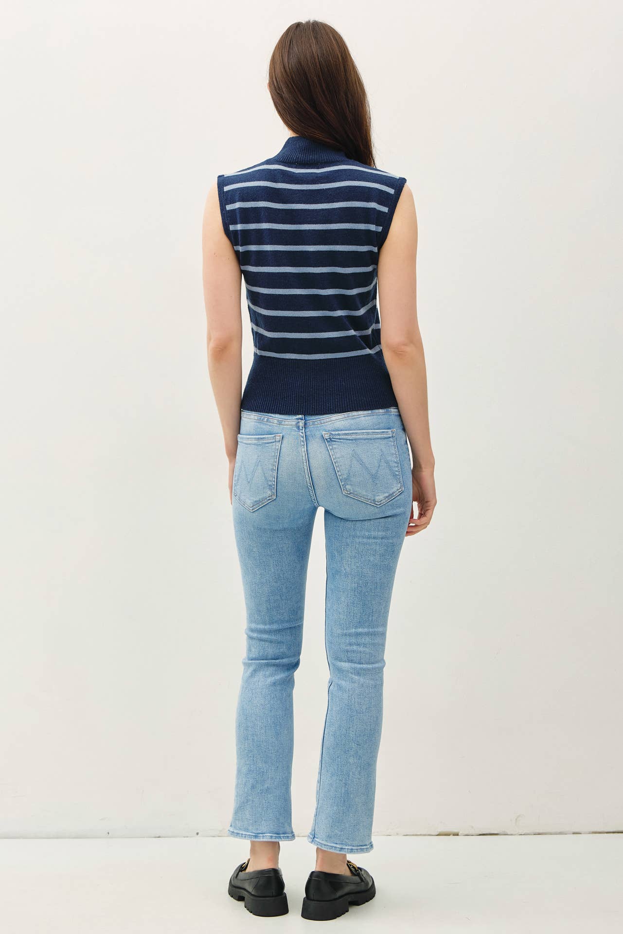 Striped Mock Neck Sweater Tank Denim Blue