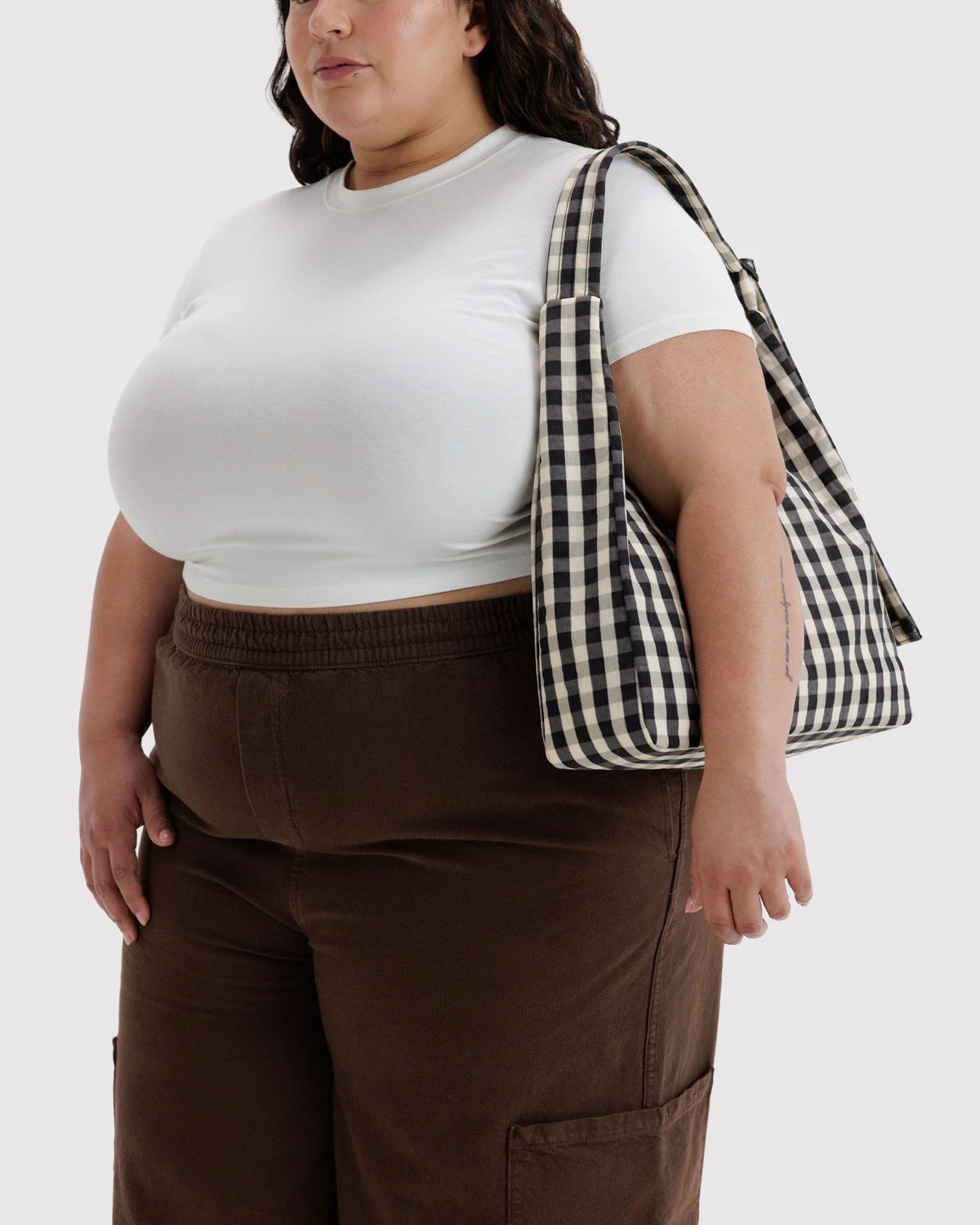 Black and Cream Gingham Nylon Baggu Shoulder Bag