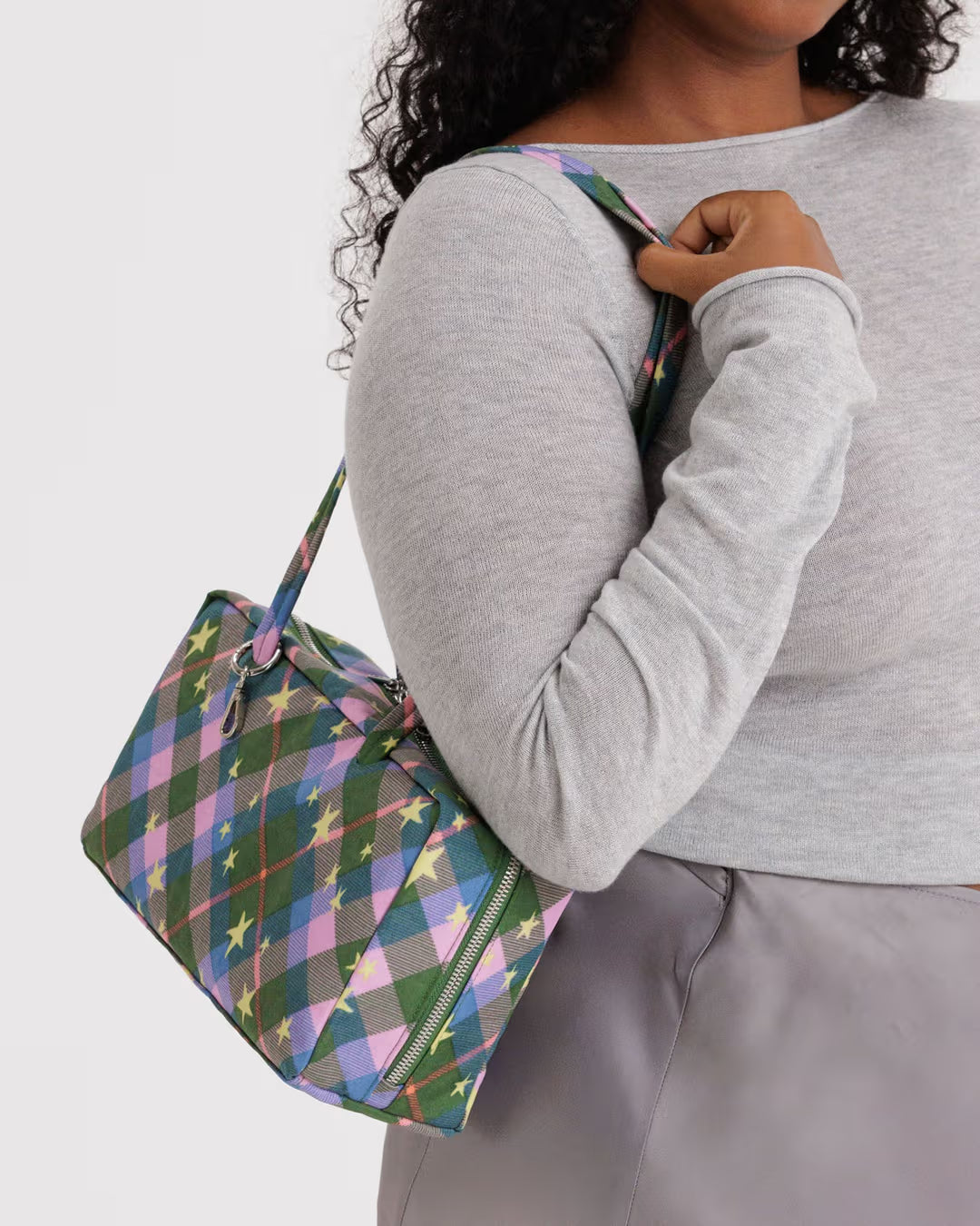 Green Plaid Star Nylon Bowler Baggu