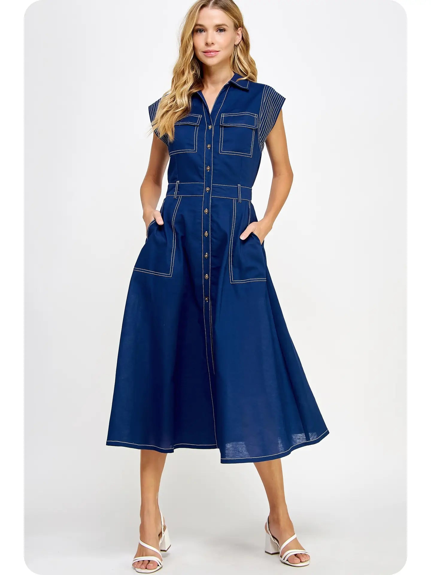Top-Stitch Linen Midi Dress