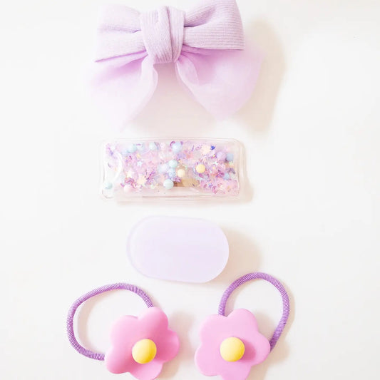 Purple Bow and Confetti Hair Clip Set