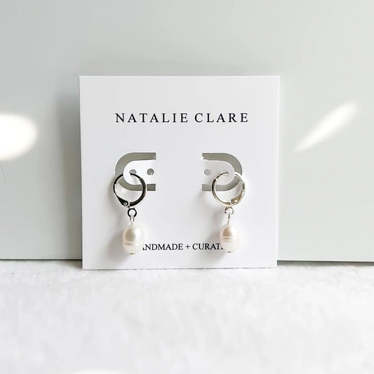 Silver Pearl Huggie Hoops