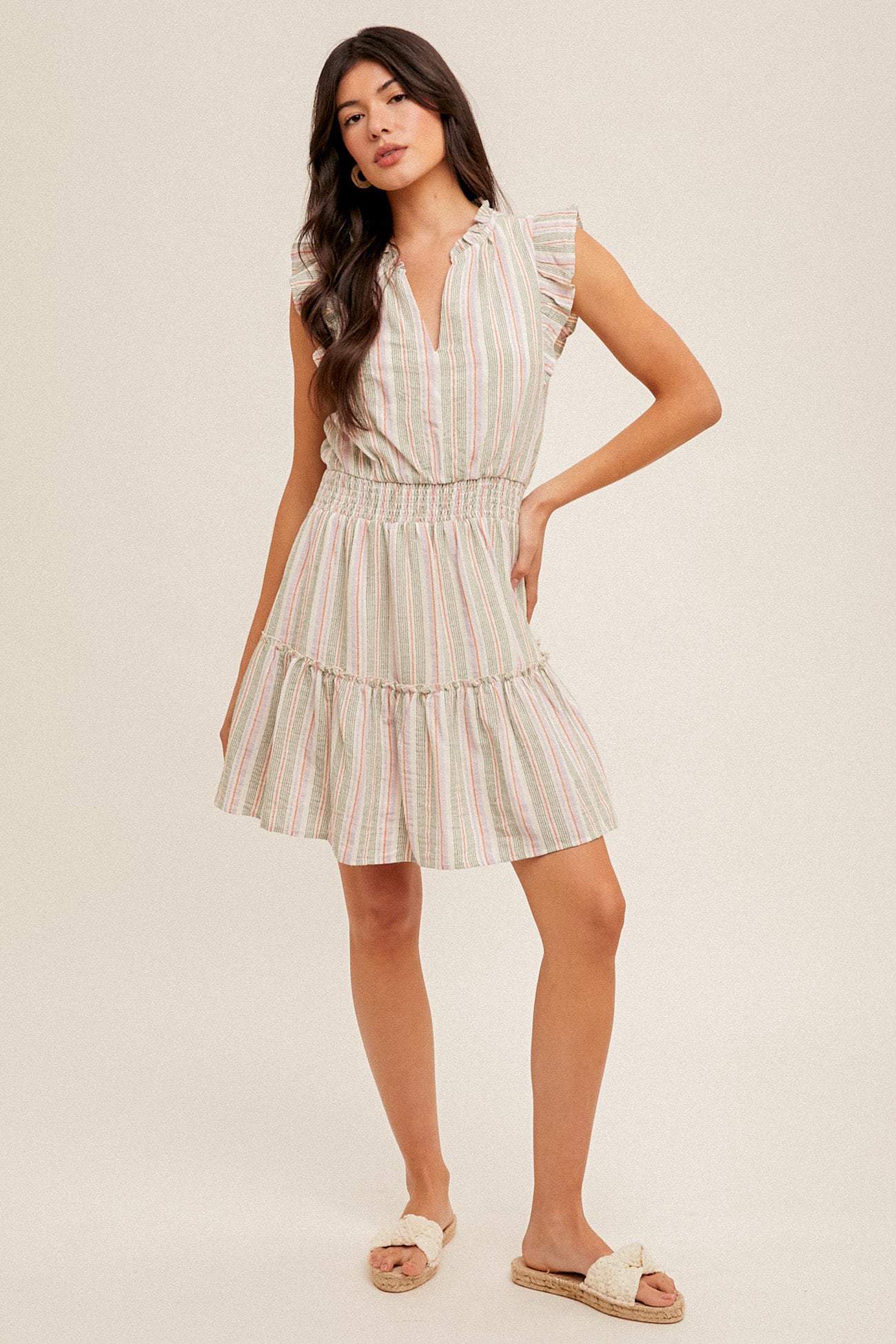 Green and Pink Stripe Smocked Waist Dress