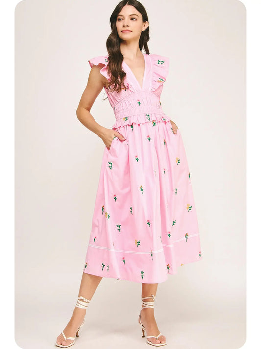 Embroidered Floral Midi Dress