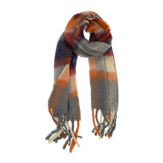 Grey Bold Plaid Fringe Scarf