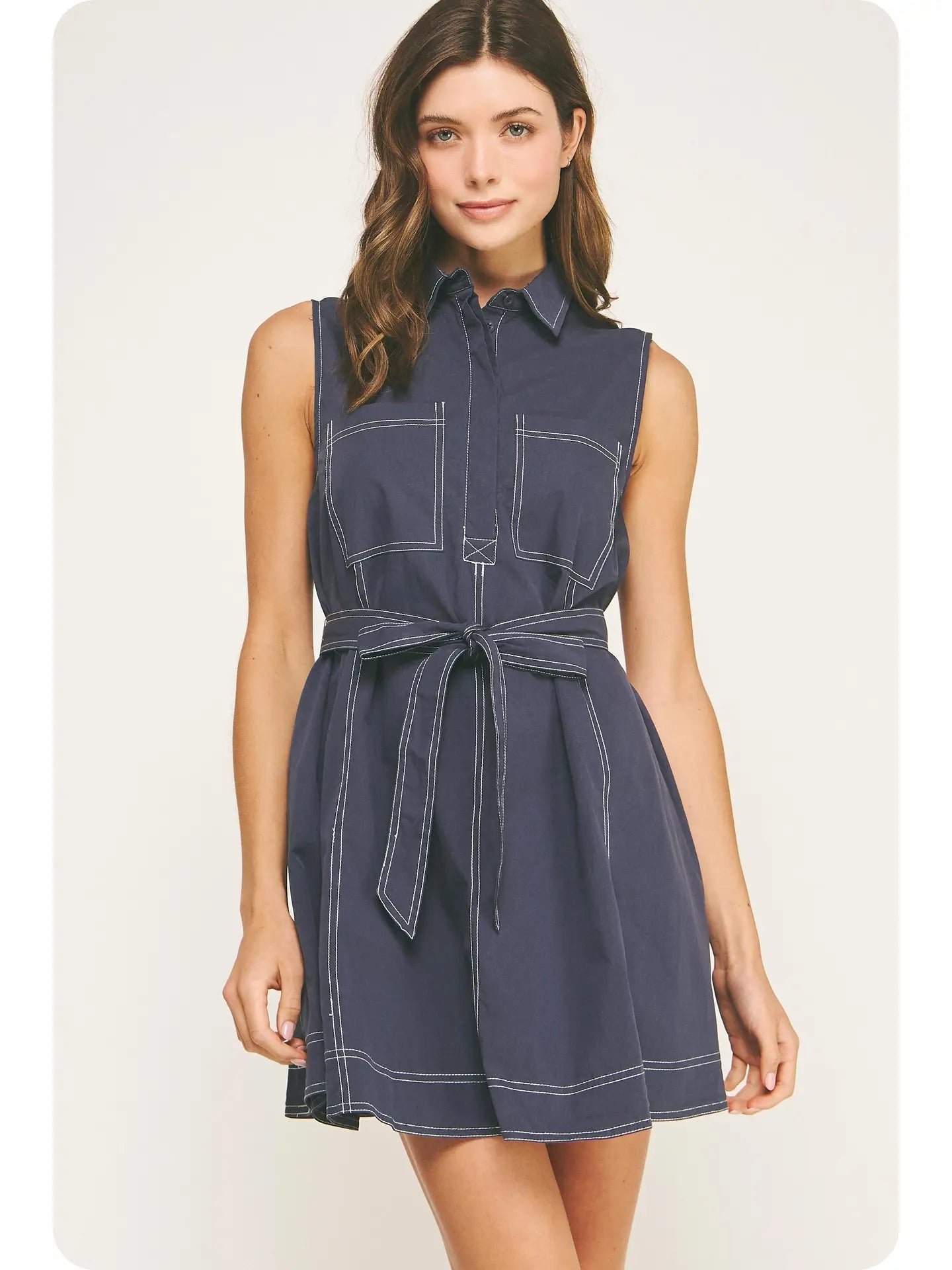 Contrast Top Stitch Mini Shirt Dress
