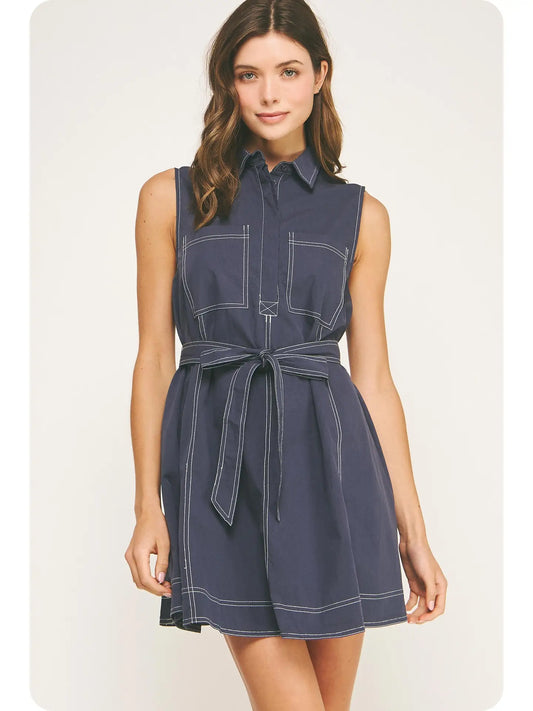 Contrast Top Stitch Mini Shirt Dress