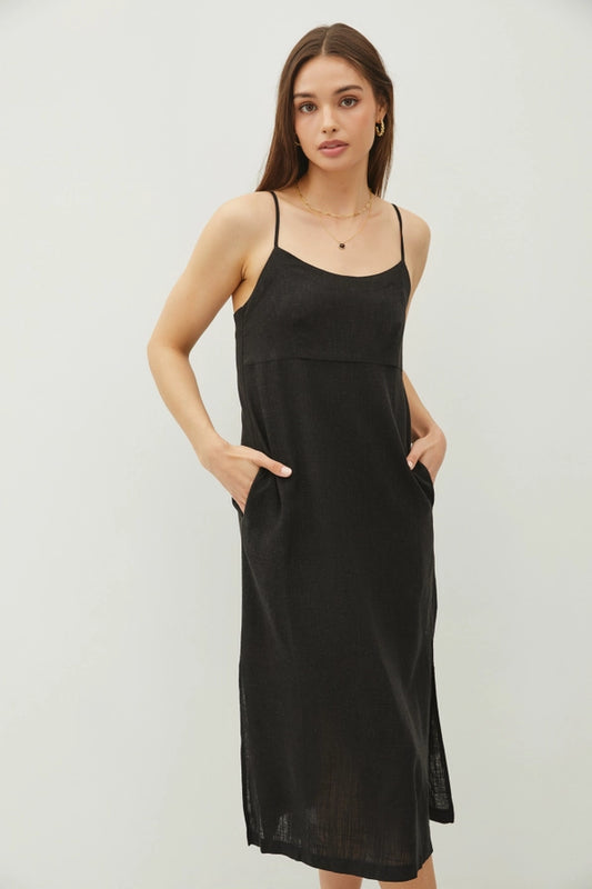 Linen Blend Self Tie Back Slip Midi Dress