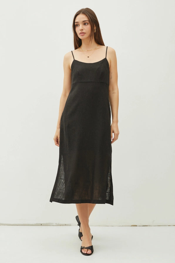 Linen Blend Self Tie Back Slip Midi Dress