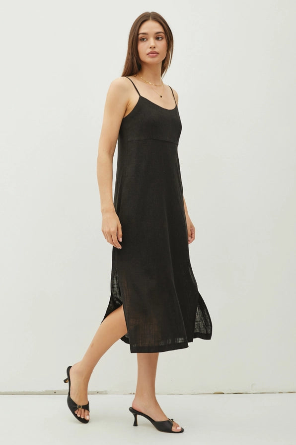 Linen Blend Self Tie Back Slip Midi Dress