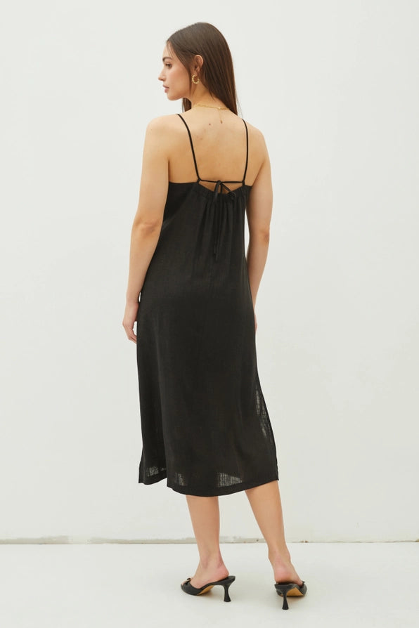 Linen Blend Self Tie Back Slip Midi Dress