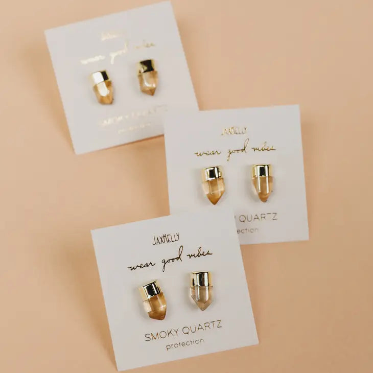 Gold & Smokey Quartz Point Stud Earrings