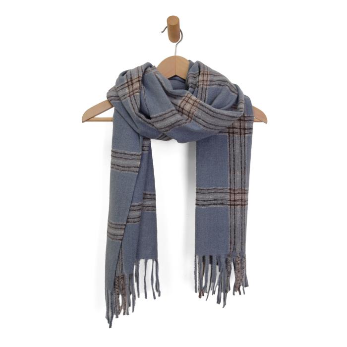 Steel Blue Soft Plaid Fringe Scarf