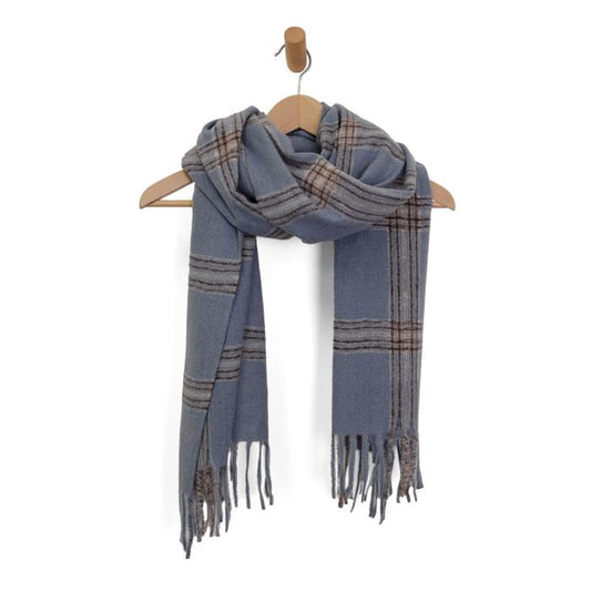 Steel Blue Soft Plaid Fringe Scarf
