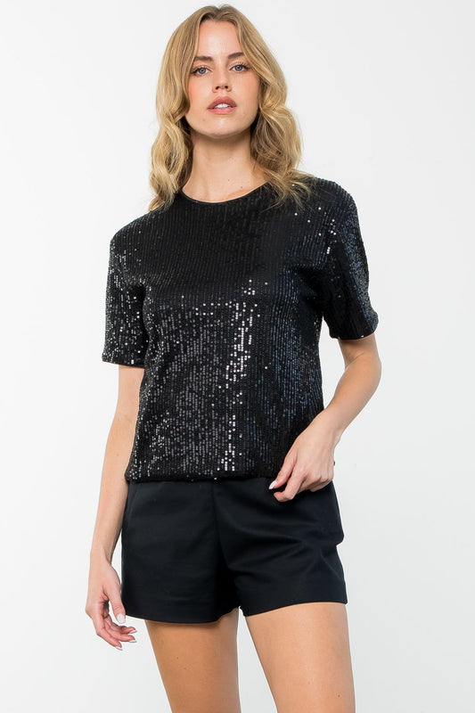 Black Short Sleeve Sequin Top