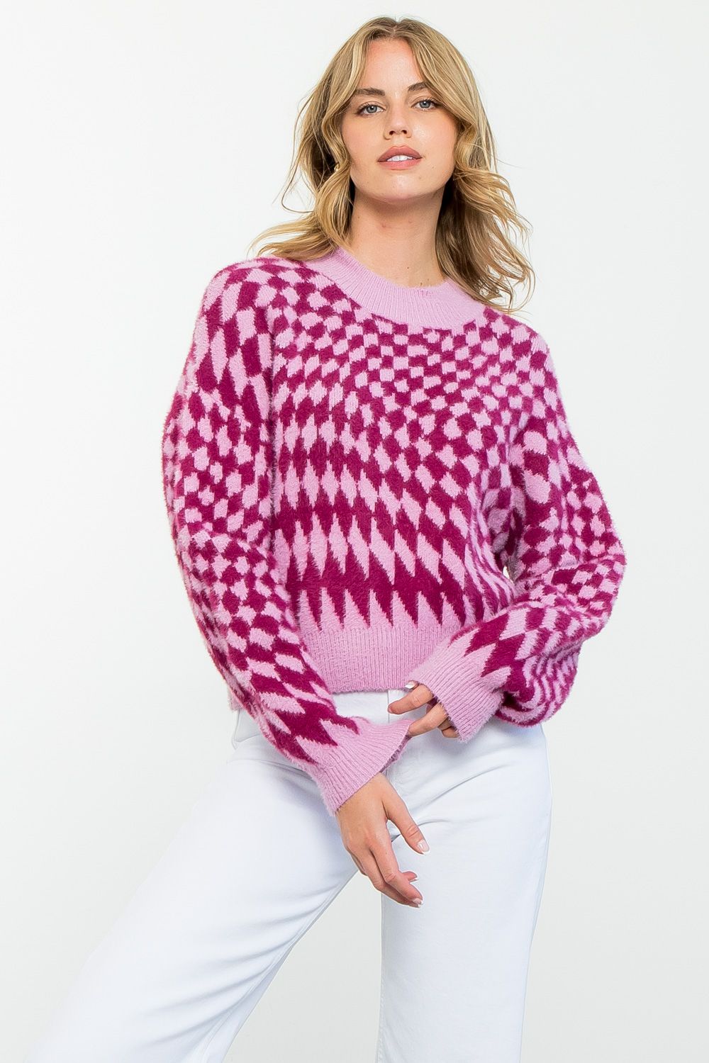 Lilac & Magenta Trippy Checker Sweater