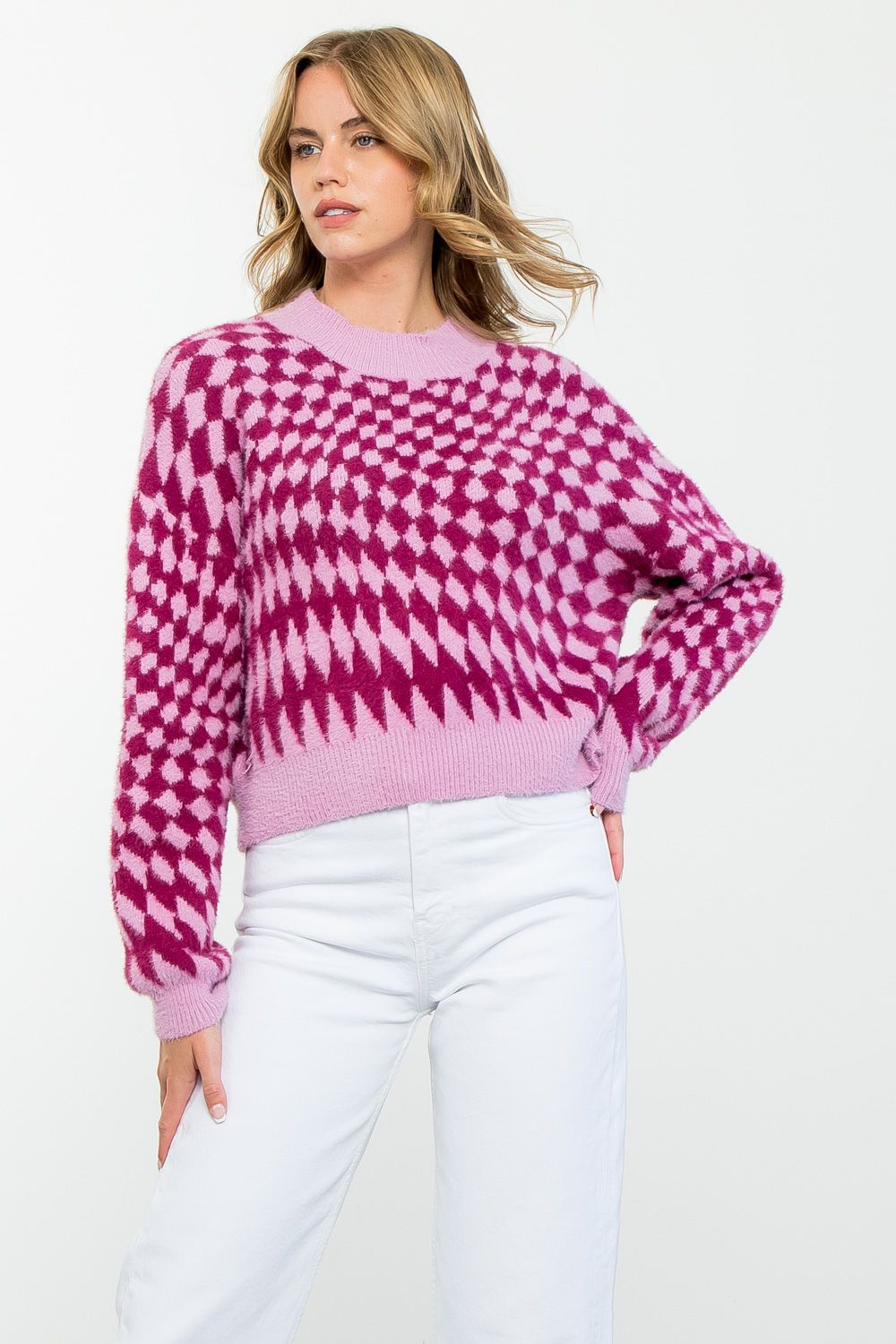 Lilac & Magenta Trippy Checker Sweater