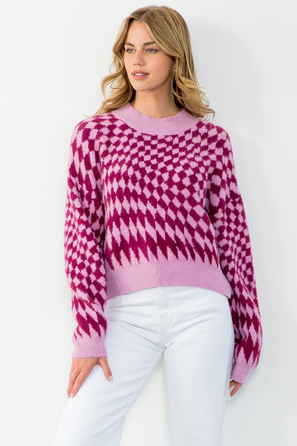 Lilac & Magenta Trippy Checker Sweater