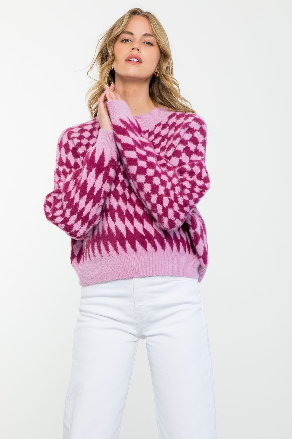 Lilac & Magenta Trippy Checker Sweater