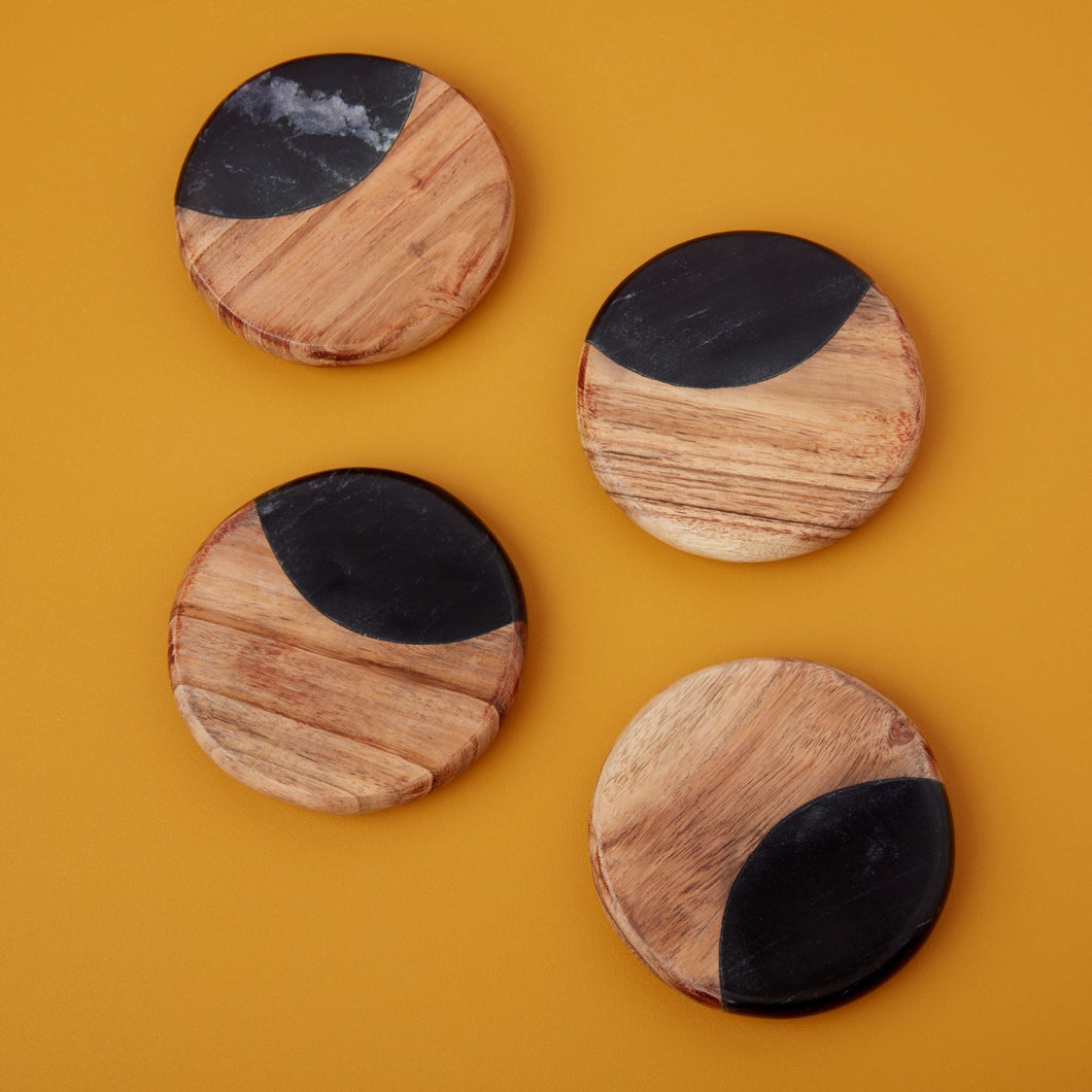 Round Black Marble & Wood Coasters