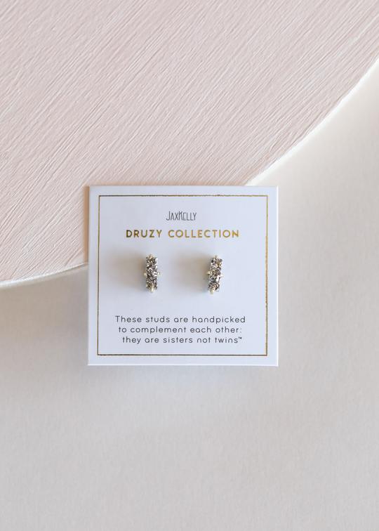 Silver Druzy Bar Stud Earrings