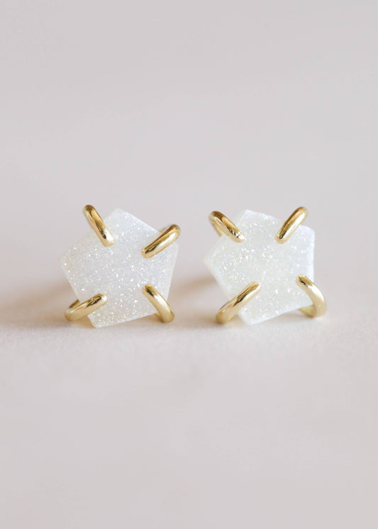 White Druzy Prong Stud Earrings