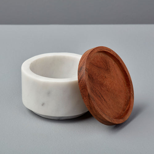 White Marble and Wood Salt Cellar & Container