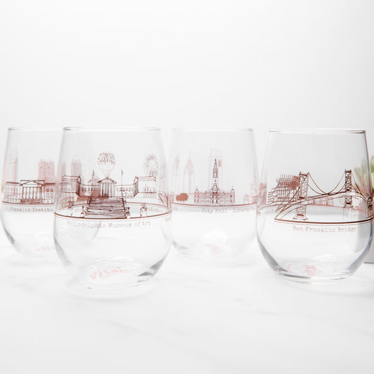 Philadelphia Skyline Stemless Wine Glasses